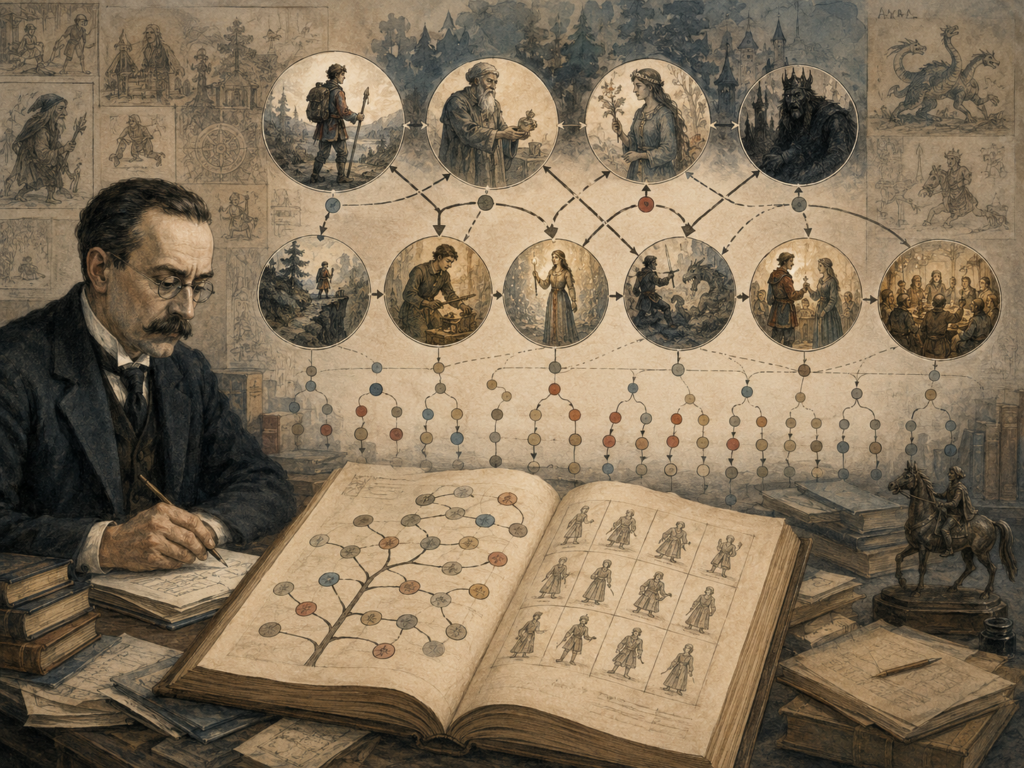 Editorial illustration of a folklorist studying an open manuscript, with connected folktale scenes, roles, arrows, nodes, and structural story diagrams.