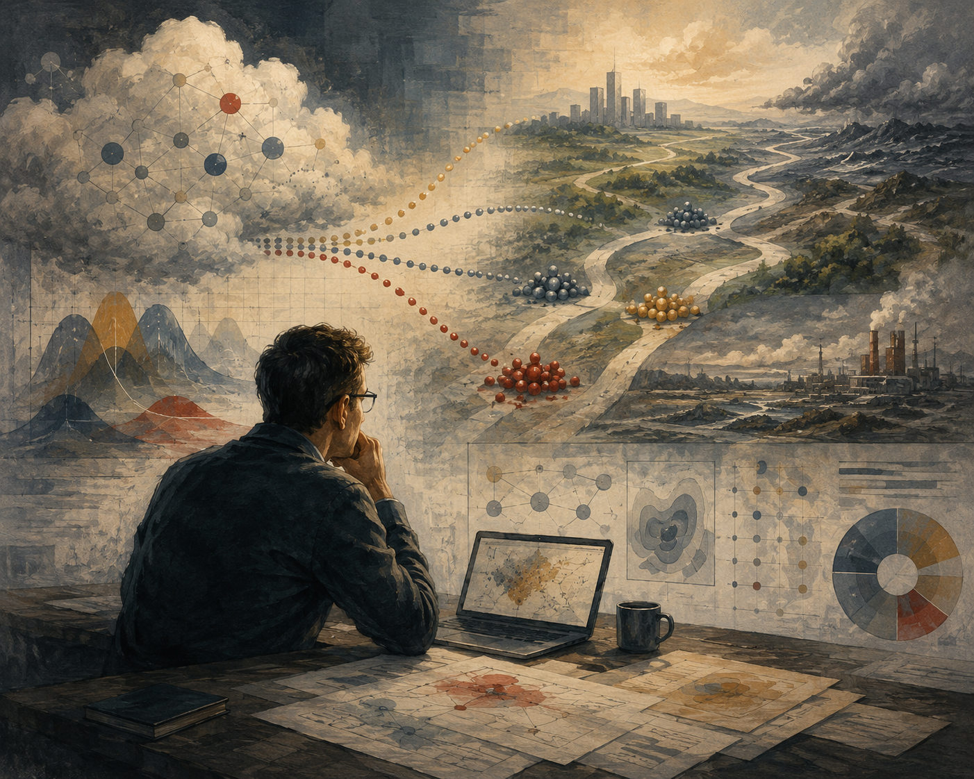 Painterly editorial illustration of forecasting and decision support with a reflective analyst, branching scenario paths, probability clouds, data networks, future landscapes, and decision-support diagrams.