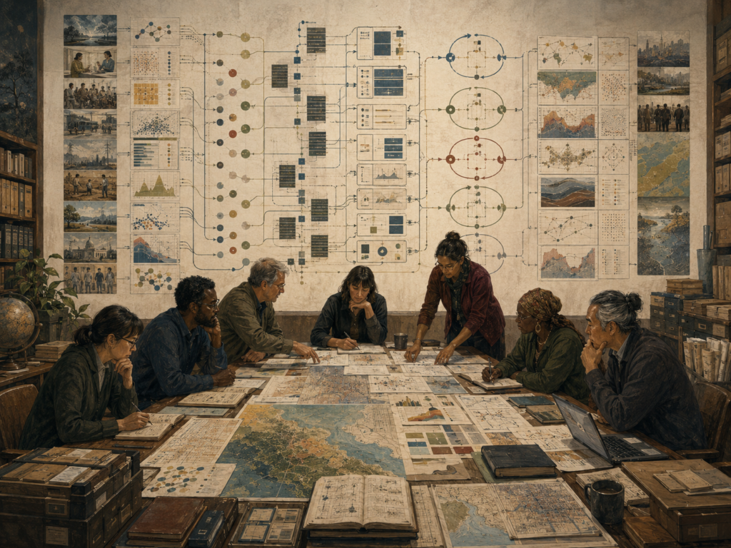 Researchers organize foresight data, maps, models, workflows, and reproducible analysis pipelines across civic, ecological, and institutional systems.
