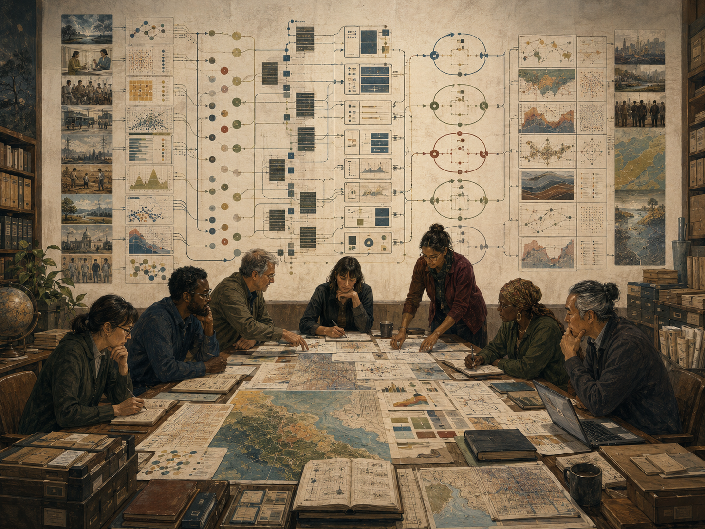 Researchers organize foresight data, maps, models, workflows, and reproducible analysis pipelines across civic, ecological, and institutional systems.