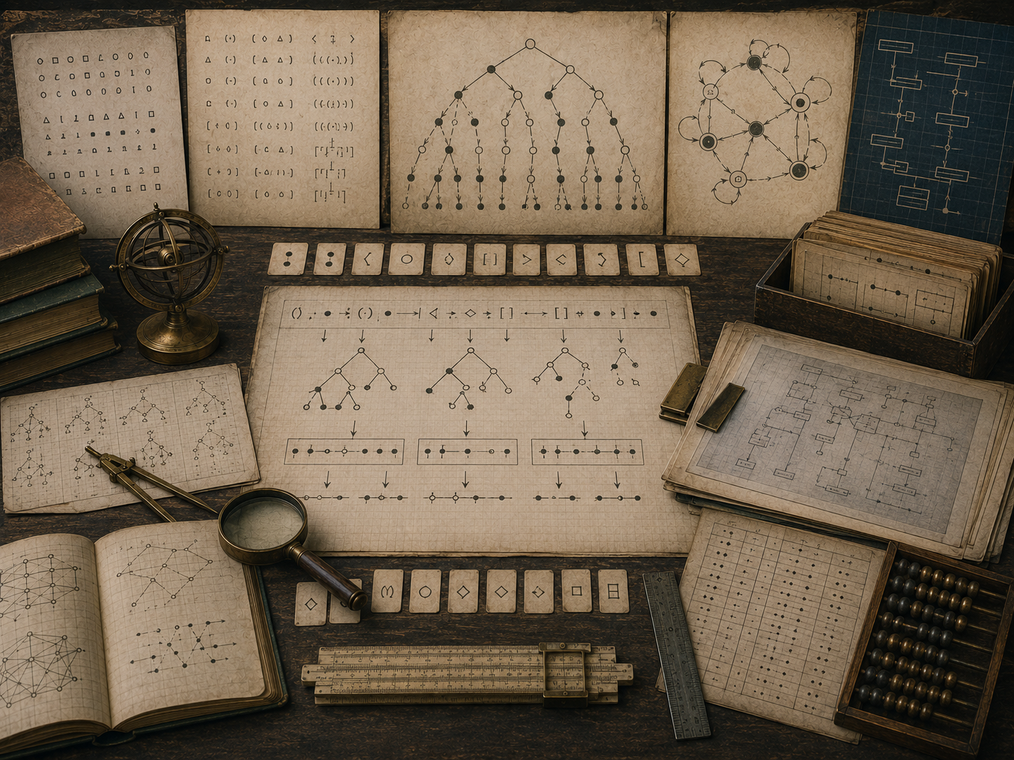 A restrained scholarly illustration of an antique academic desk covered with symbolic tokens, parsing trees, grammar-like diagrams, state-transition maps, notebooks, rulers, and archival papers representing formal languages and symbolic representation.