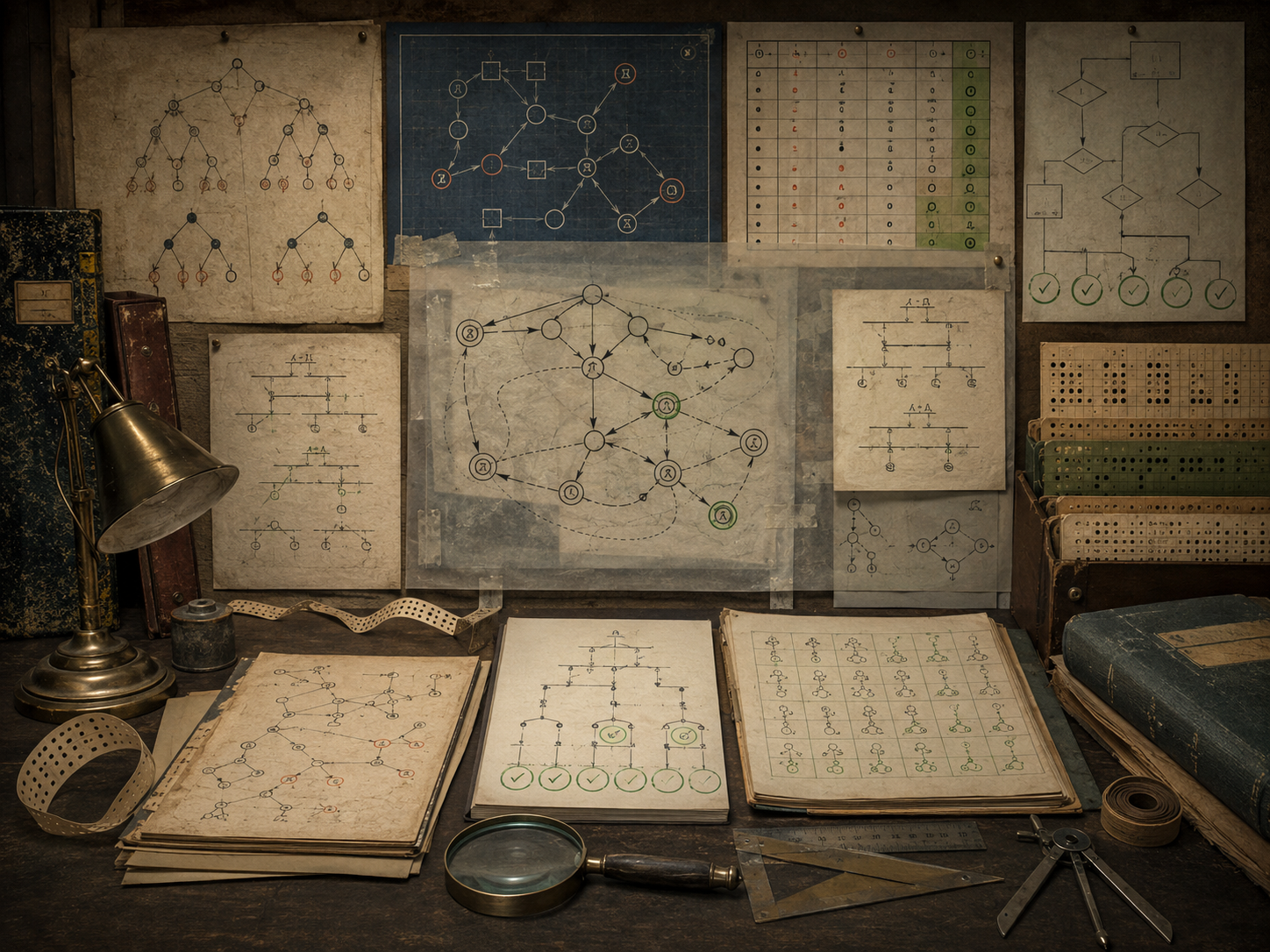 A restrained scholarly illustration of a vintage research study with proof trees, verification diagrams, checked logical pathways, truth-table-like grids, punched cards, notebooks, and archival papers representing formal methods and machine-checked reasoning.