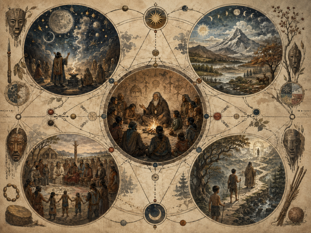 Editorial illustration of a central storytelling circle surrounded by four symbolic mythic domains: cosmic ritual, natural order, community ceremony, and individual journey.