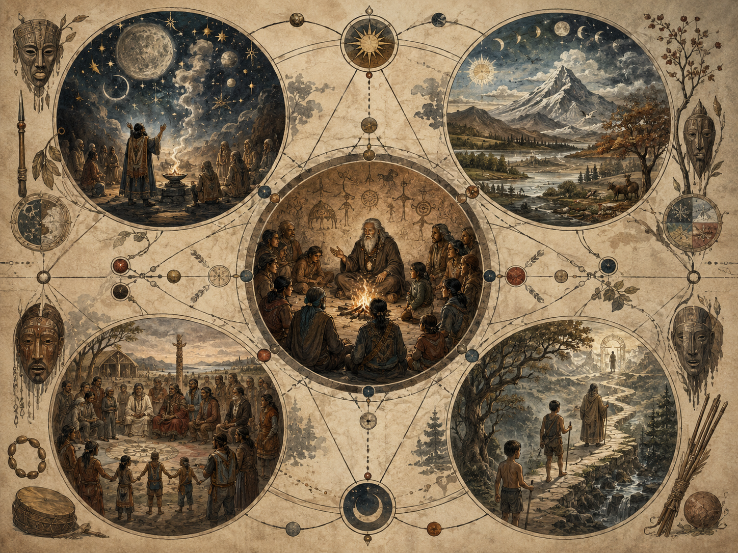 Editorial illustration of a central storytelling circle surrounded by four symbolic mythic domains: cosmic ritual, natural order, community ceremony, and individual journey.