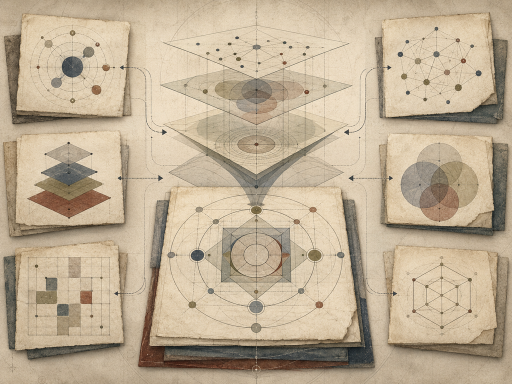 Abstract institutional illustration of multiple framework models being layered, aligned, and integrated through geometric diagrams, connected panels, and structured pathways.