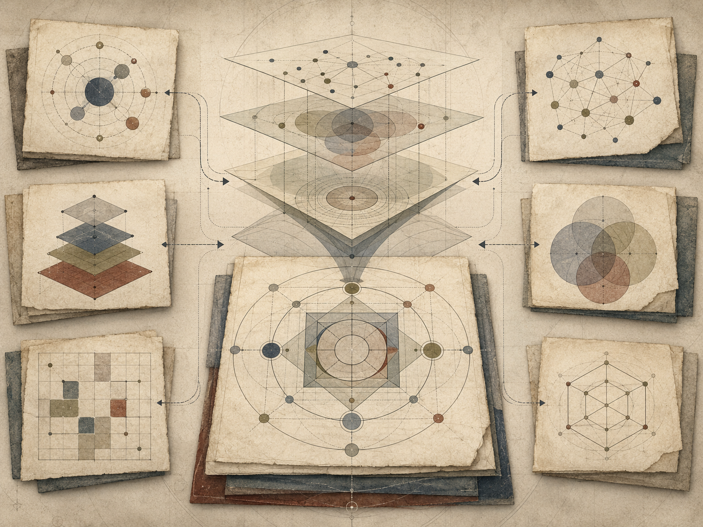 Abstract institutional illustration of multiple framework models being layered, aligned, and integrated through geometric diagrams, connected panels, and structured pathways.