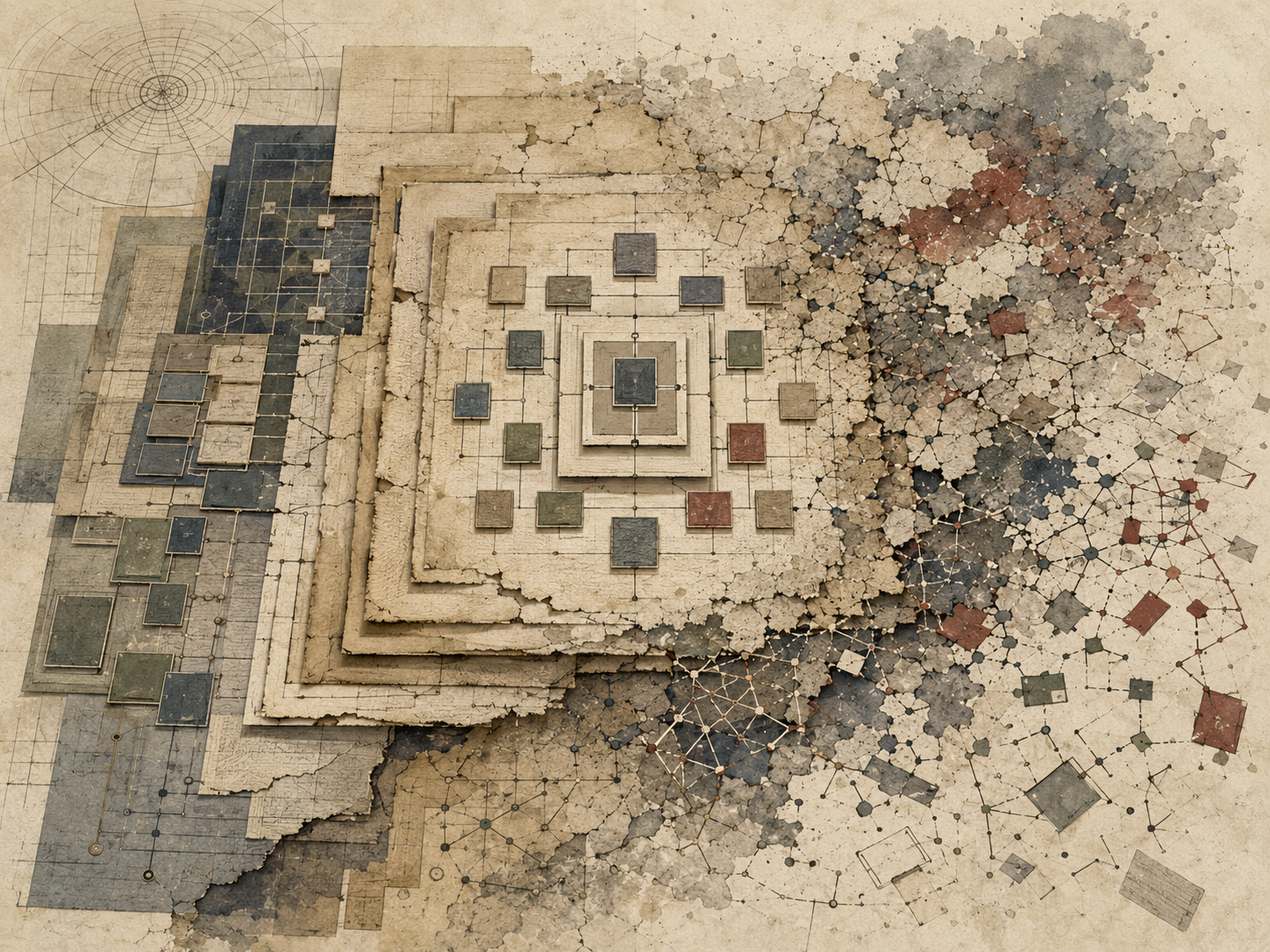 Abstract institutional illustration of an ordered framework structure gradually fragmenting into scattered nodes, broken grids, cracked layers, and drifting conceptual fragments.
