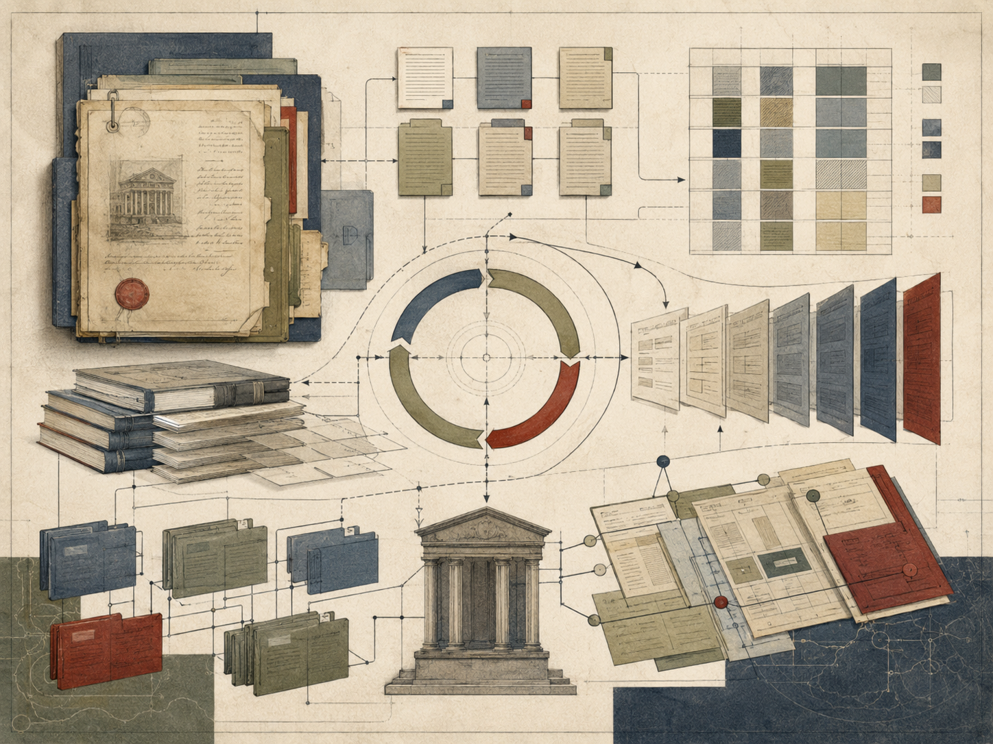 Abstract institutional illustration of governance documents, archival folders, review cycles, maintenance workflows, content panels, and institutional structures representing editorial framework stewardship.