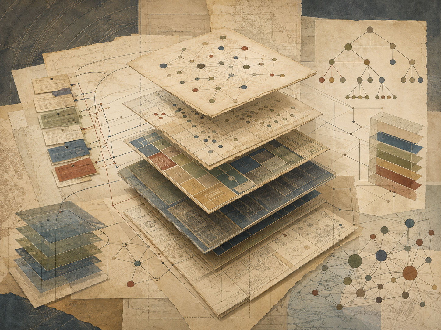 Abstract institutional illustration of layered archival sheets, modular grids, hierarchy diagrams, and networked knowledge maps representing framework literacy and the organization of usable knowledge.