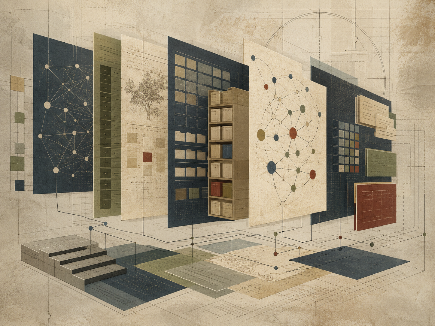 Abstract institutional illustration of layered digital knowledge panels, archival shelves, modular grids, network diagrams, and connected information structures.