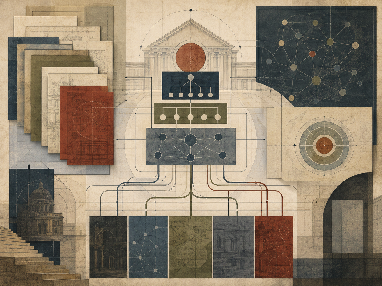 Abstract institutional illustration of organizational communication structures, layered documents, institutional architecture, hierarchy diagrams, network maps, and connected pathways.