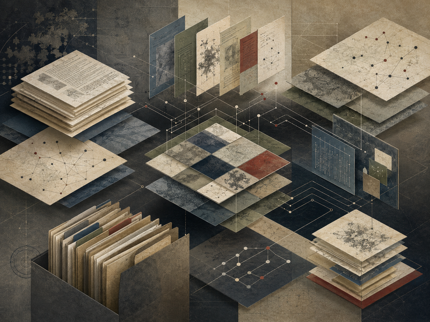 Abstract institutional illustration of layered research documents, archival folders, modular panels, knowledge maps, and connected diagrams representing frameworks for research communication.
