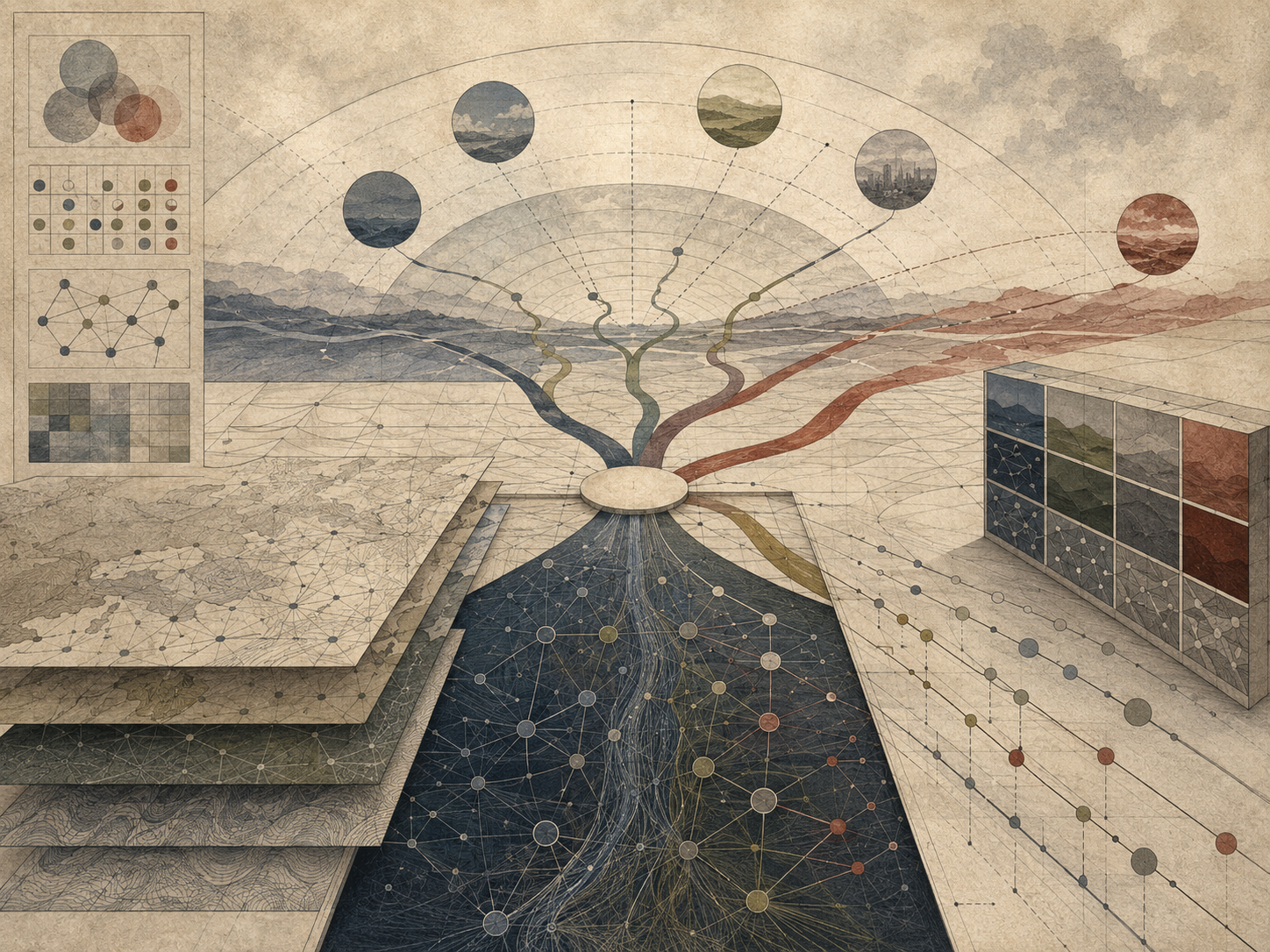 Abstract institutional illustration of branching future pathways, layered maps, scenario landscapes, network diagrams, and structured foresight panels representing strategic foresight and scenario thinking.