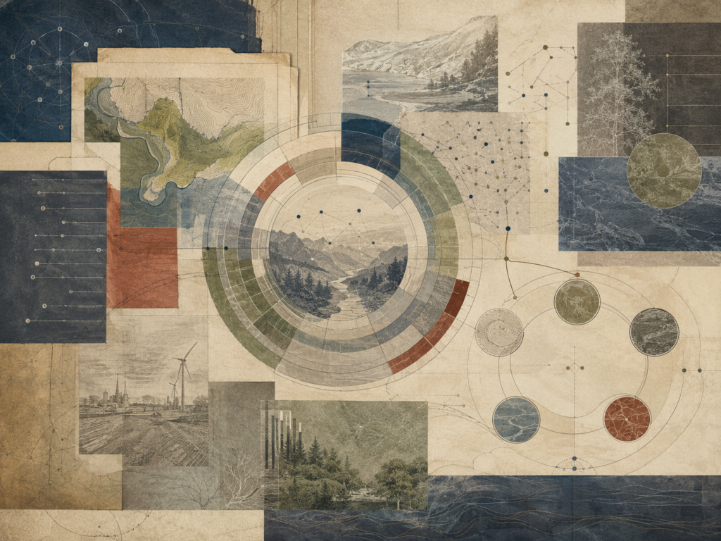 Abstract institutional illustration of sustainability communication frameworks with layered landscape maps, circular systems diagrams, ecological panels, network lines, and environmental knowledge structures.