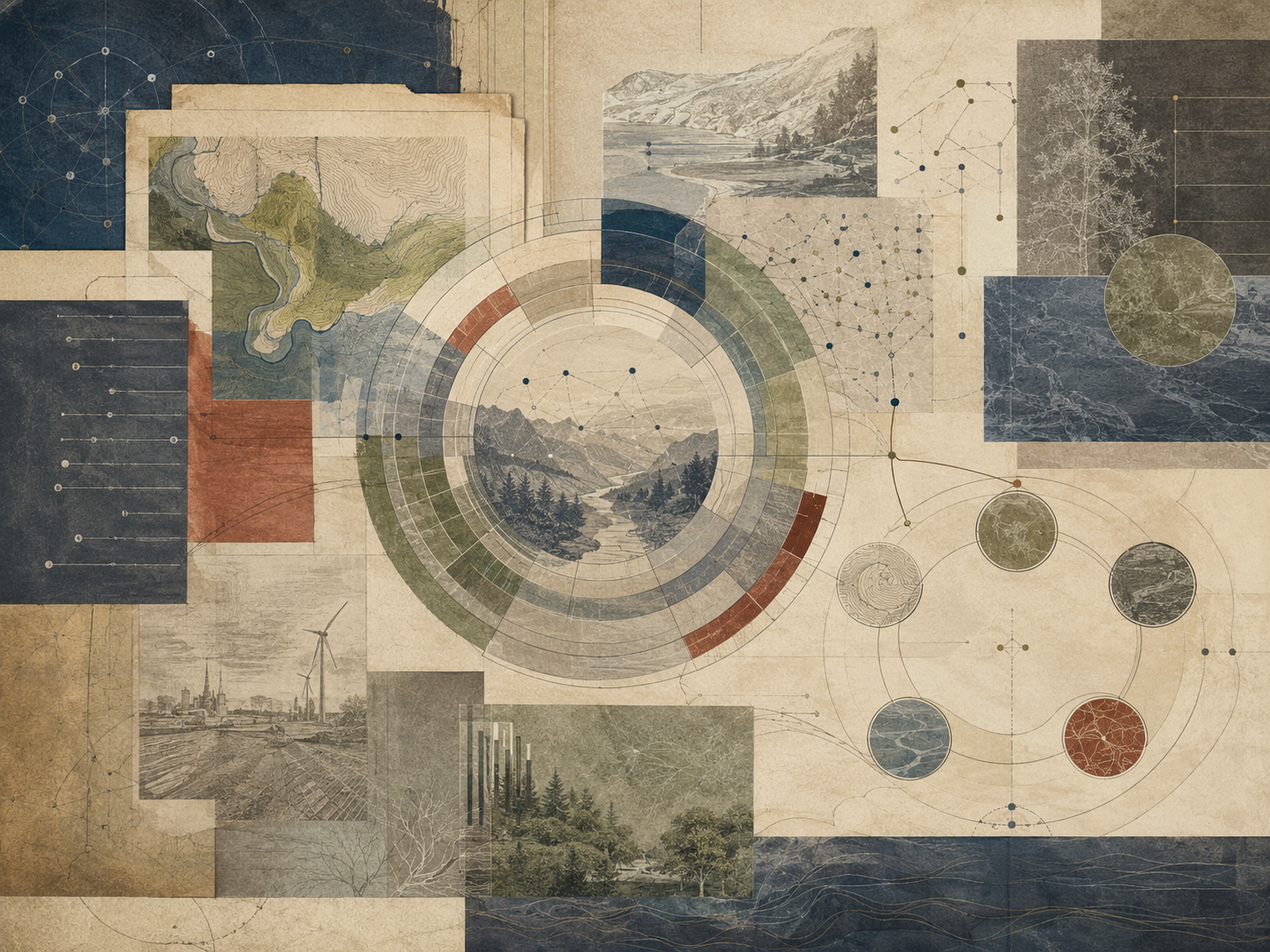 Abstract institutional illustration of sustainability communication frameworks with layered landscape maps, circular systems diagrams, ecological panels, network lines, and environmental knowledge structures.