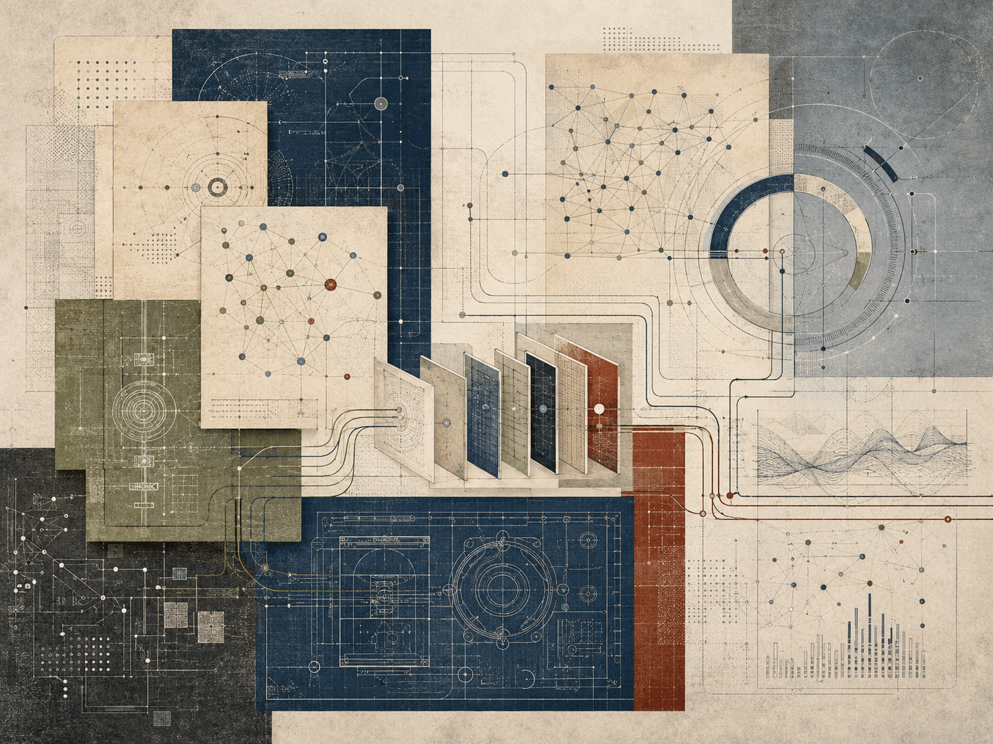 Abstract technical illustration of layered blueprints, scientific diagrams, data panels, network maps, and connected knowledge systems representing technology and scientific communication frameworks.
