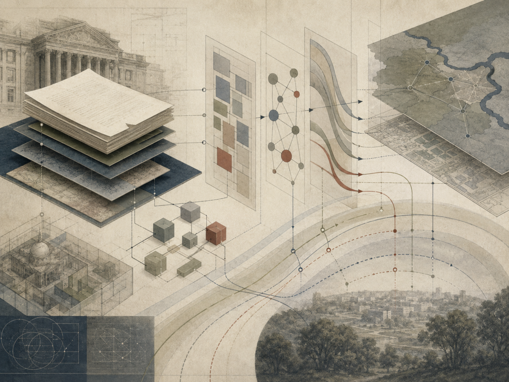 Restrained editorial illustration of policy explanation and governance communication with institutional pathways, evidence records, public accountability layers, stakeholder routes, implementation stages, and review structures without text or labels.