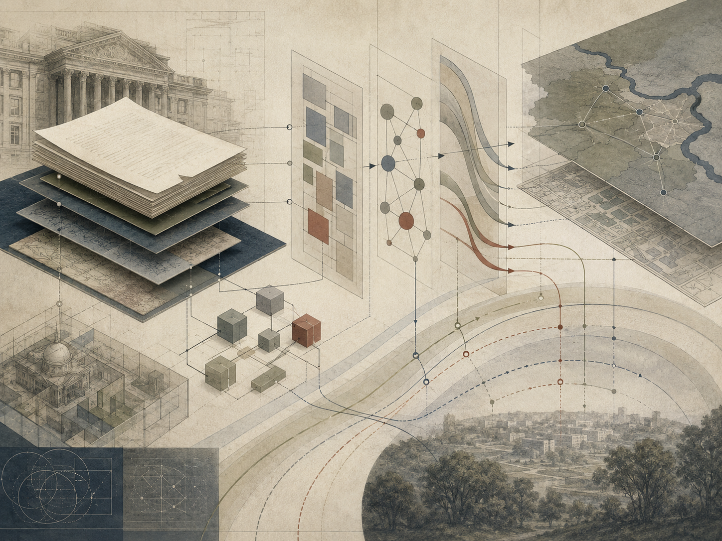 Restrained editorial illustration of policy explanation and governance communication with institutional pathways, evidence records, public accountability layers, stakeholder routes, implementation stages, and review structures without text or labels.