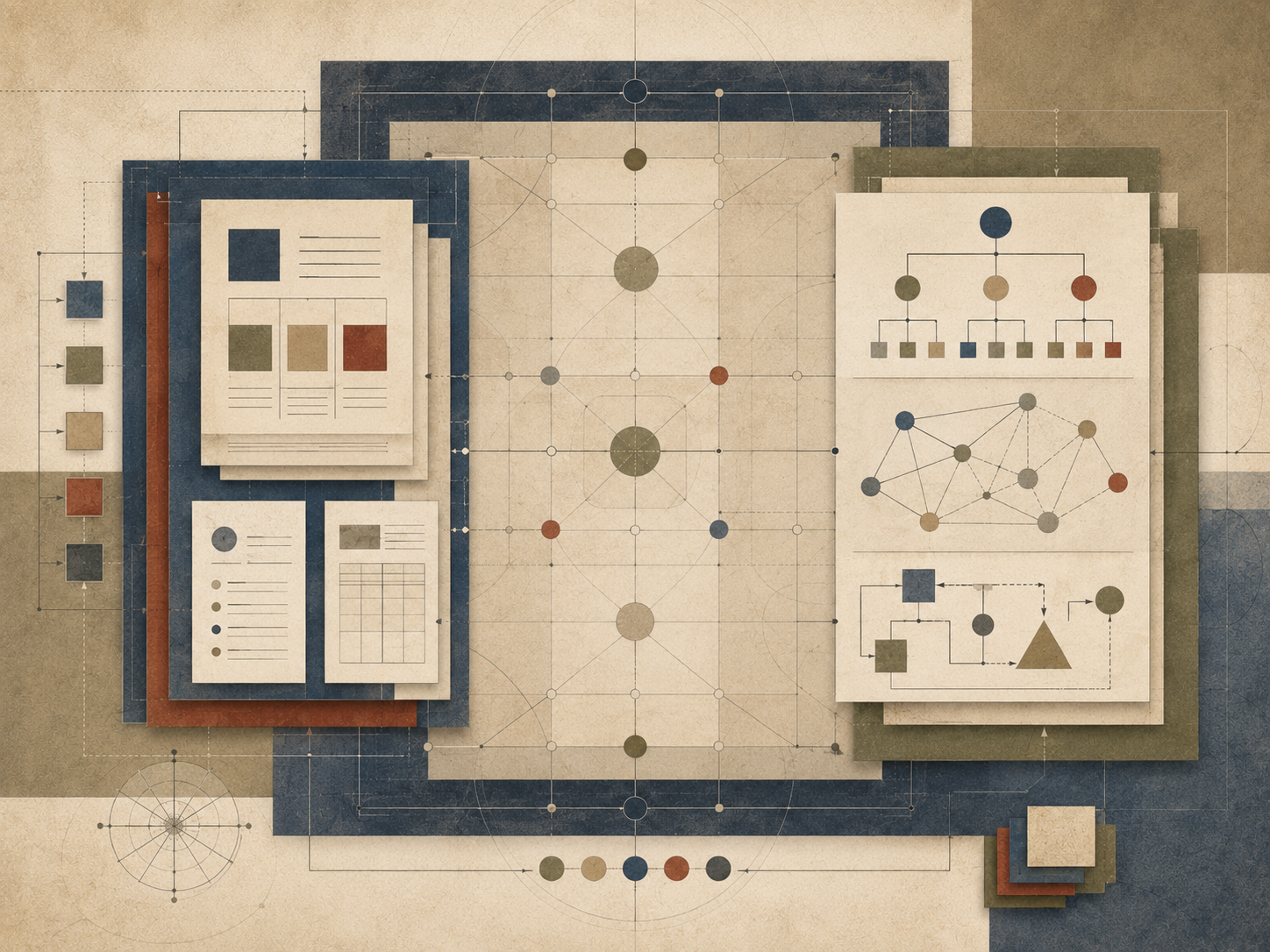 Abstract institutional illustration of layered documents, templates, grids, hierarchy diagrams, model structures, and connecting lines representing the relationship between frameworks, templates, and models.