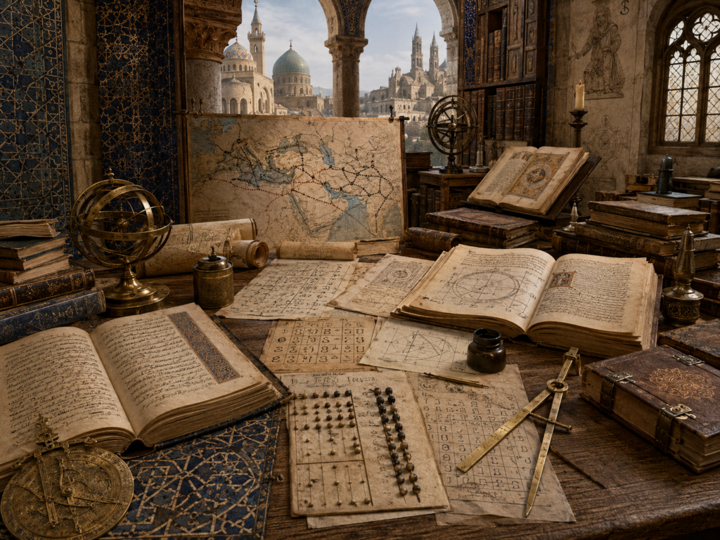 A restrained scholarly illustration of a medieval transmission workspace with Islamic and Latin European architectural elements, manuscripts, maps, numerical tables, geometric diagrams, astrolabe-like instruments, books, and calculation tools representing algorism, algebra, and intellectual reception.
