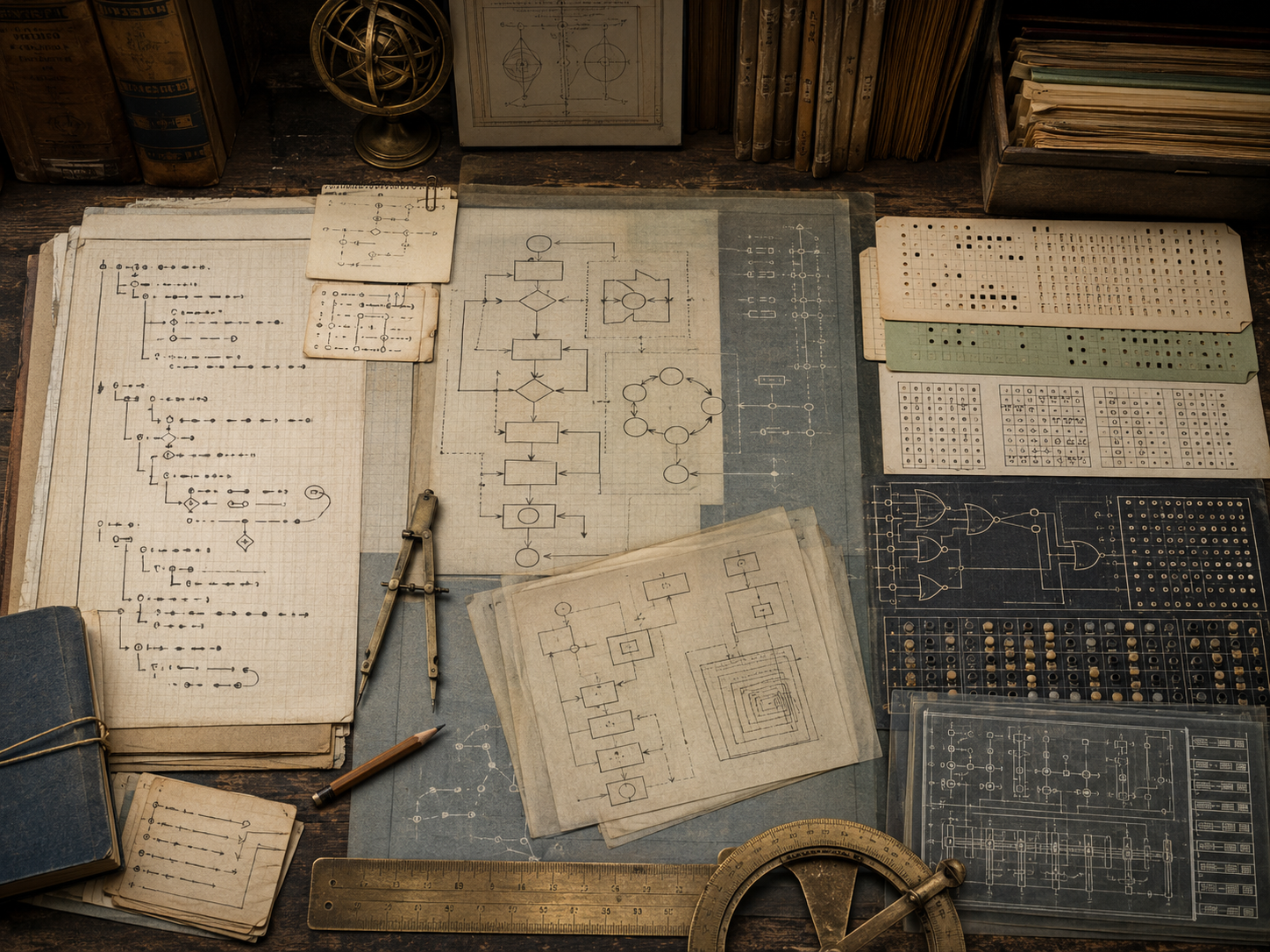 A restrained scholarly illustration of a vintage engineering desk covered with flowcharts, structured procedural diagrams, punched-card patterns, logic-gate schematics, transparent overlays, rulers, and drafting tools representing the transition from pseudocode to executable programs.