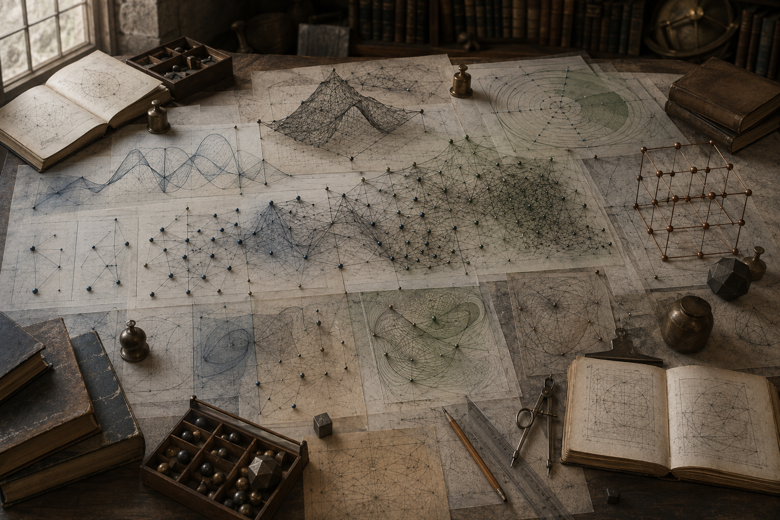 Editorial illustration of a scholarly mathematical workspace showing curves, networks, wireframe surfaces, lattices, and geometric diagrams arranged to represent functional relationships and mathematical structure.