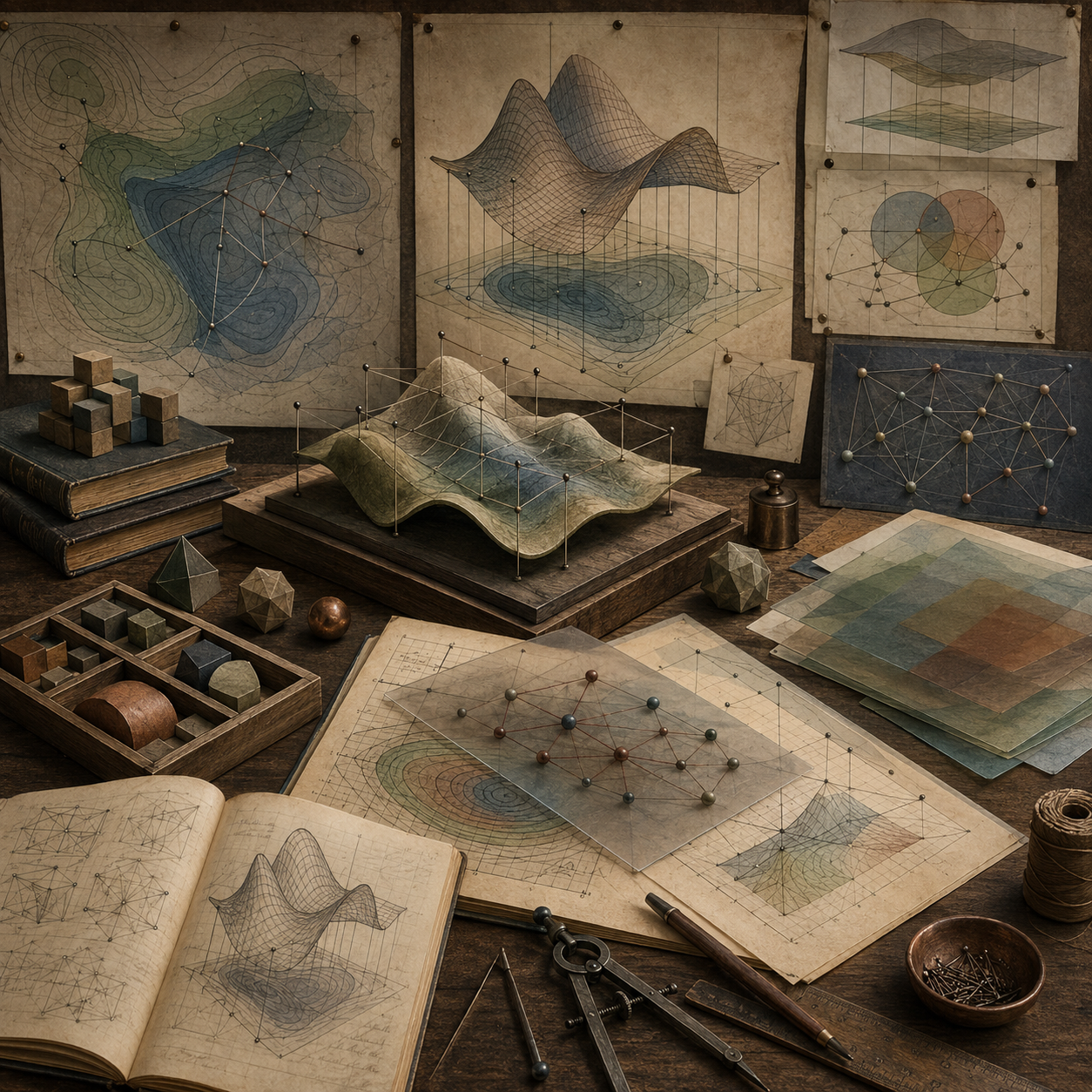 Archival mathematical modeling workspace with multivariable surface plots, contour maps, coordinate grids, layered diagrams, notebooks, brass instruments, and drafting tools representing functions of several variables.