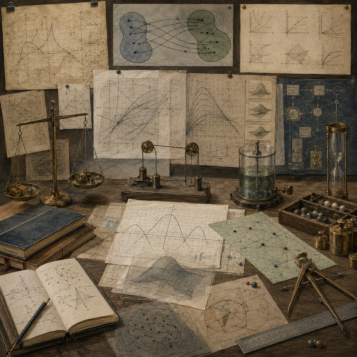 Archival-style scholarly workspace covered with graphs, plotted curves, geometric diagrams, mapping sketches, notebooks, measuring tools, weights, and model components that symbolize functions, variables, and mathematical representation.