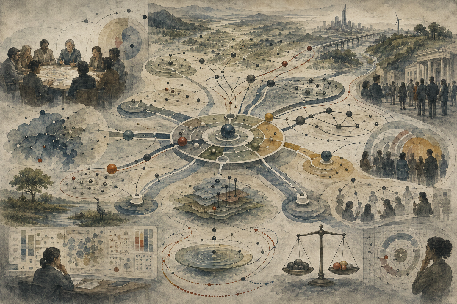 Painterly editorial illustration of future directions in decision science with branching decision networks, public deliberation, systems models, uncertainty maps, tradeoff scales, infrastructure, ecosystems, and long-term pathways.