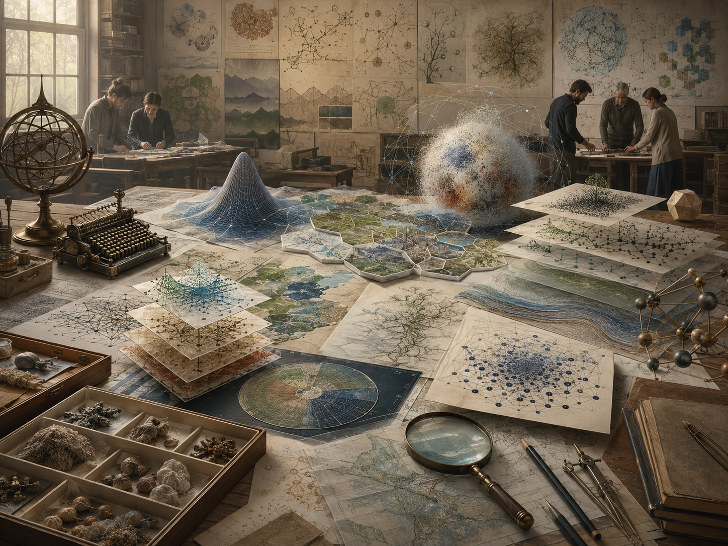 Editorial illustration of a collaborative scholarly modeling atelier with complex system maps, network diagrams, transparent overlays, uncertainty clouds, surface models, and research tools.