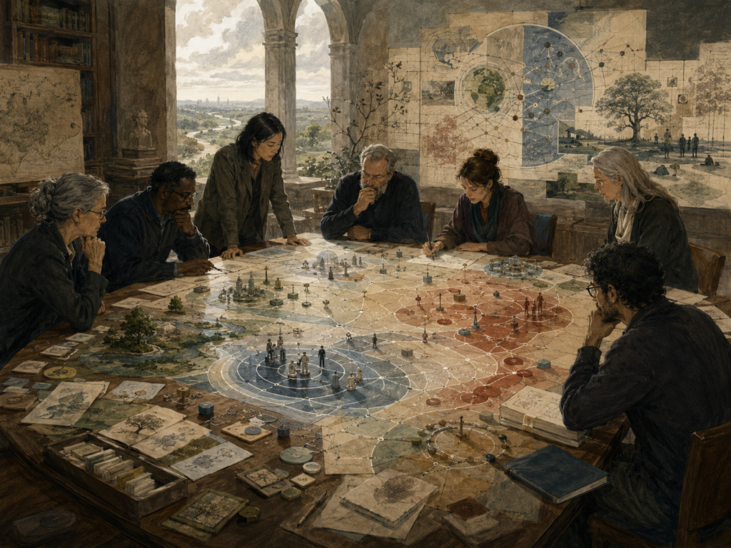 Researchers study emerging strategic idea networks, future pathways, institutional maps, ecological scenes, and systems diagrams on a large planning table.