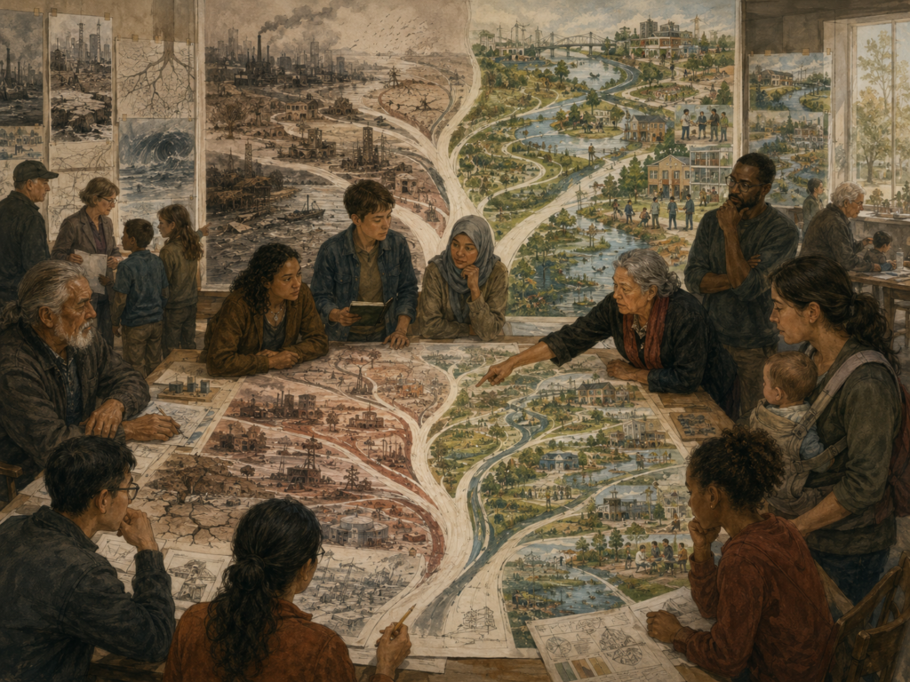 A multigenerational group examines future pathways across ecological restoration, industrial decline, public institutions, children, communities, and long-term responsibility.