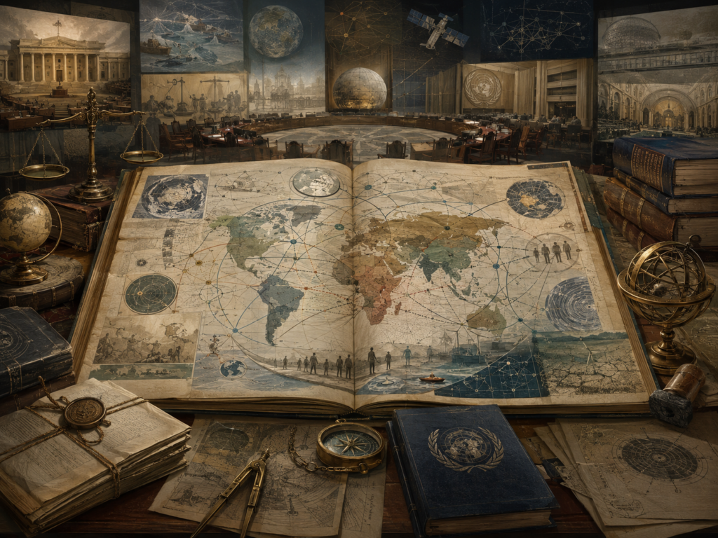Scholarly illustration of a global legal planning room with an open world atlas, fragmented governance networks, planetary crisis imagery, legal scales, UN-style institutional materials, globes, maps, and archival documents.