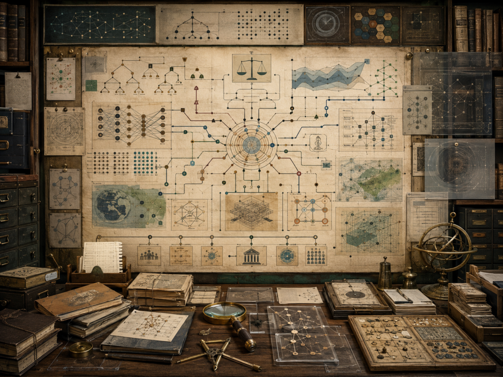 A restrained scholarly illustration of a future-facing research archive with layered algorithmic diagrams, network maps, proof structures, audit pathways, simulation panels, balance scales, transparent overlays, notebooks, and archival tools representing the future of algorithms and computational reasoning.