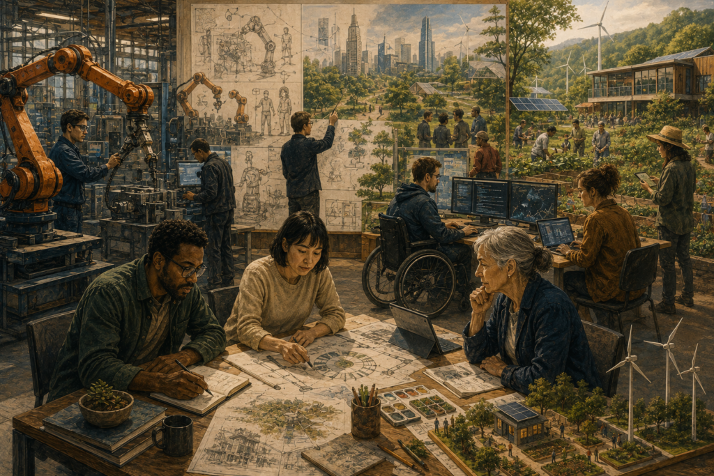 People collaborate across automated manufacturing, digital work, research planning, renewable infrastructure, and community-based labor systems.