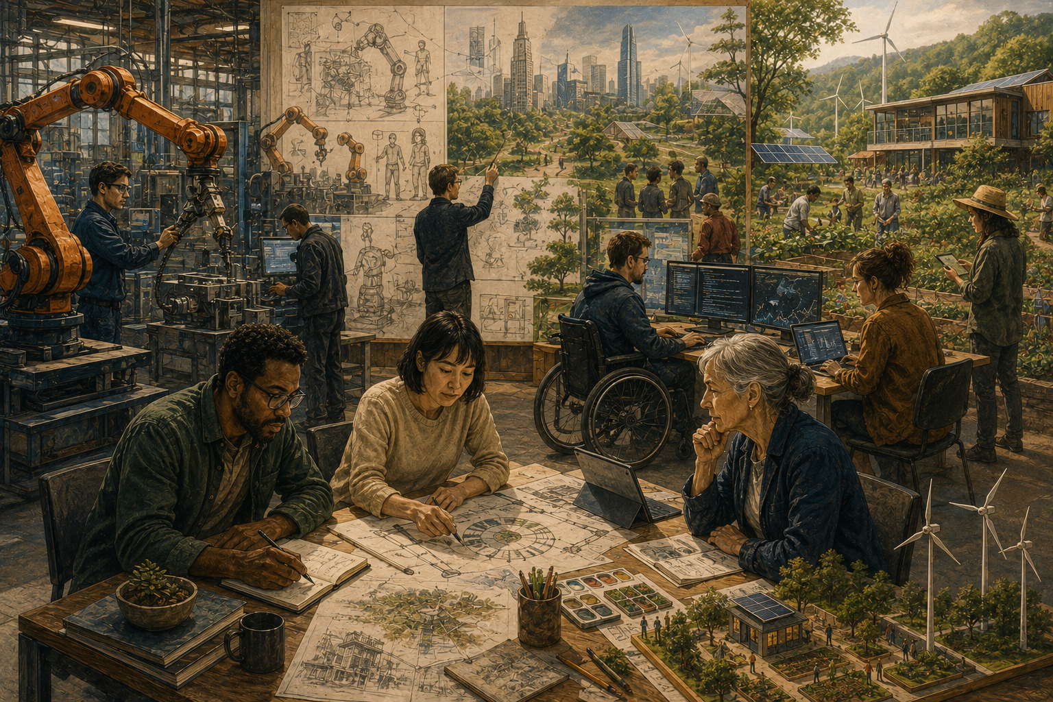 People collaborate across automated manufacturing, digital work, research planning, renewable infrastructure, and community-based labor systems.