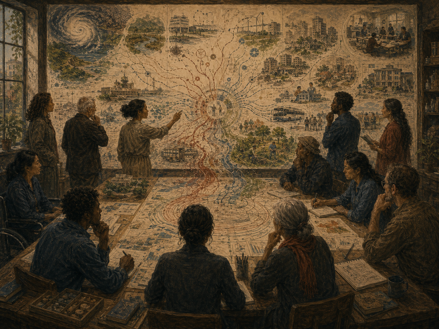 A diverse civic research group studies future signals, community systems, climate risks, and adaptive planning pathways.