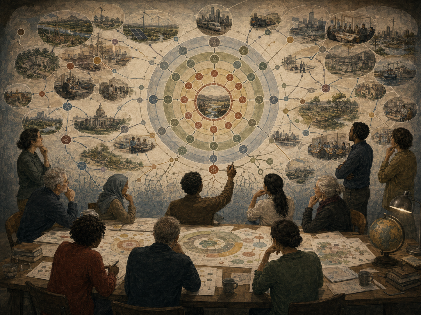 A diverse foresight group maps cascading impacts from a central future change across social, ecological, technological, and institutional systems.
