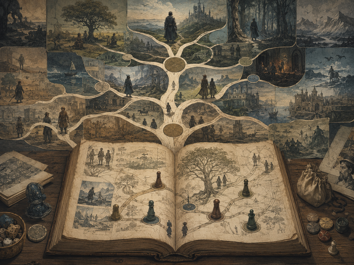 Editorial illustration of an open manuscript transformed into a branching game map, with pathways, tokens, decision points, scenes, and alternate narrative routes.