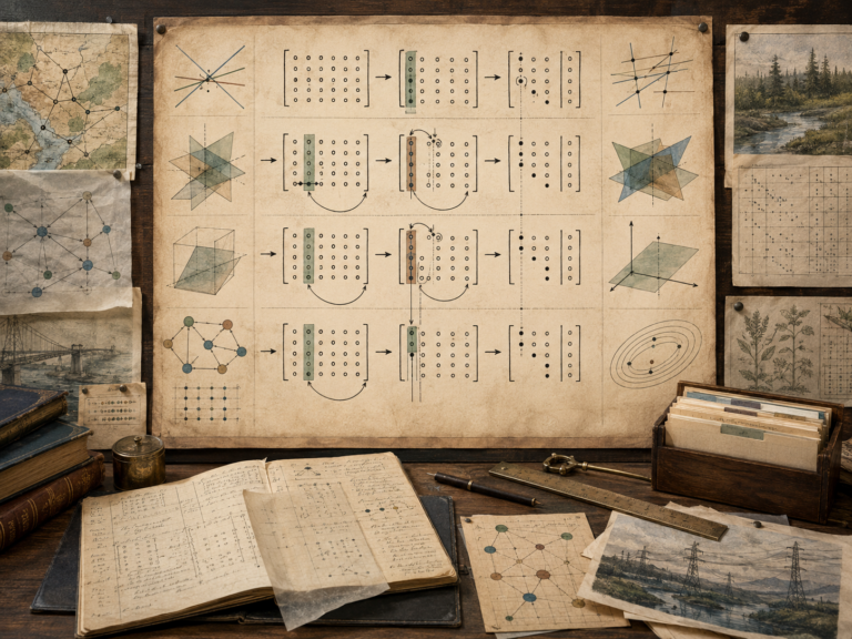 Vintage mathematical workspace with row-reduction sequences, pivot columns, augmented matrices, elimination arrows, intersecting planes, and systems diagrams.