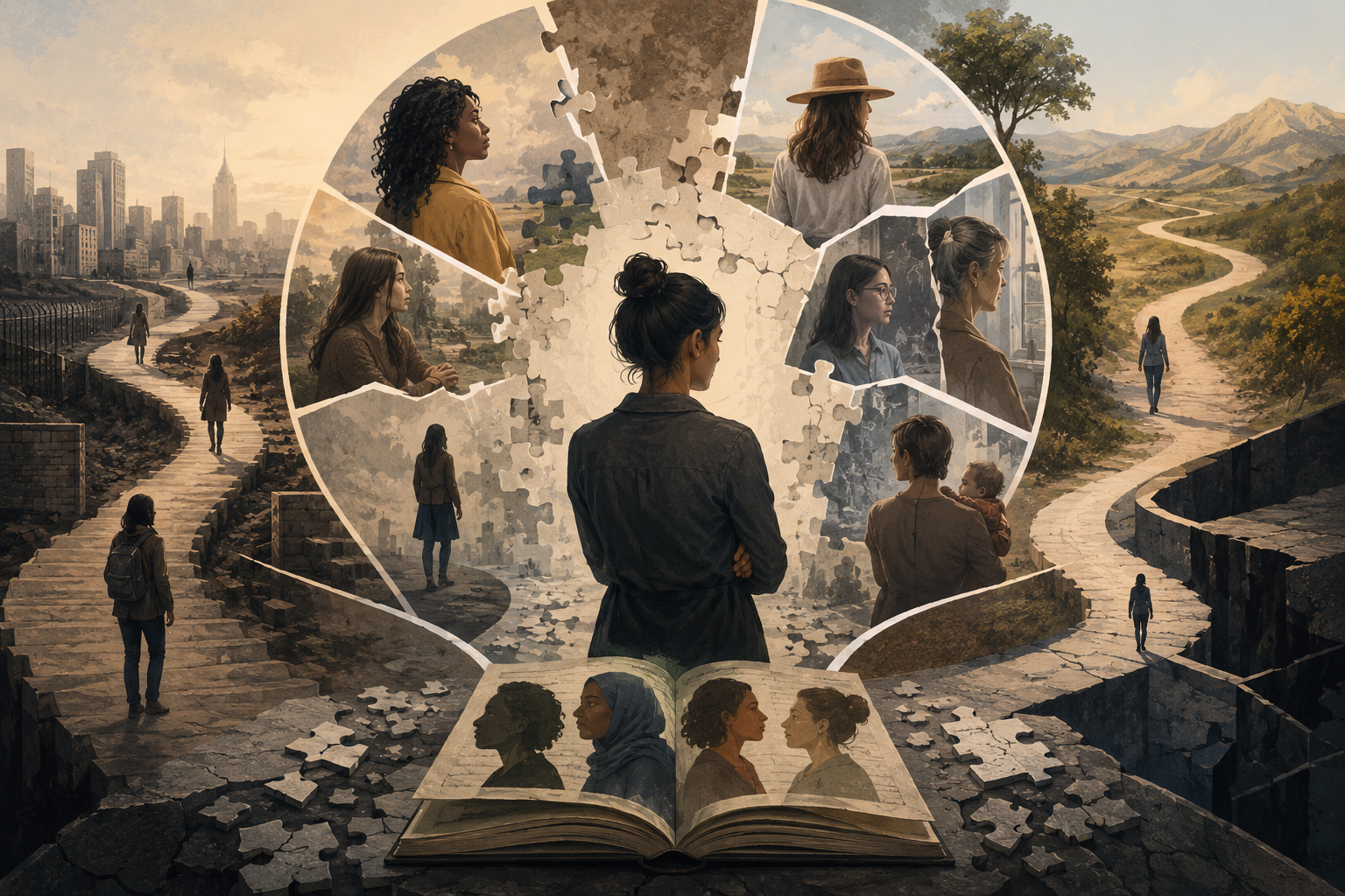 Editorial illustration of a central woman facing fragmented narrative pathways, surrounded by diverse women, life stages, landscapes, and broken story-model structures.