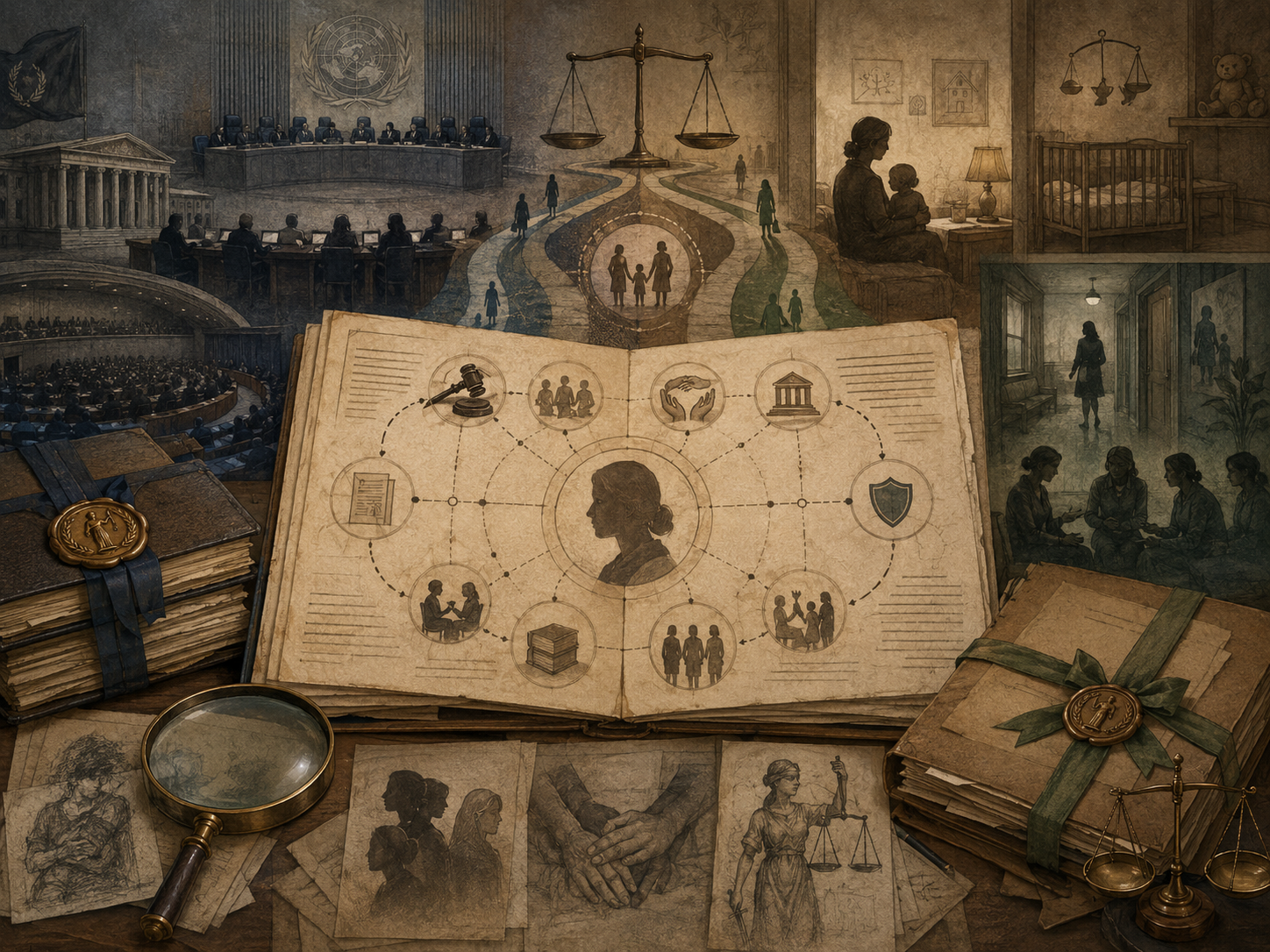 Scholarly illustration of an international law archive with legal institutions, domestic spaces, protection pathways, women’s rights imagery, scales, sealed files, and public/private legal boundaries, with no labels or readable text.