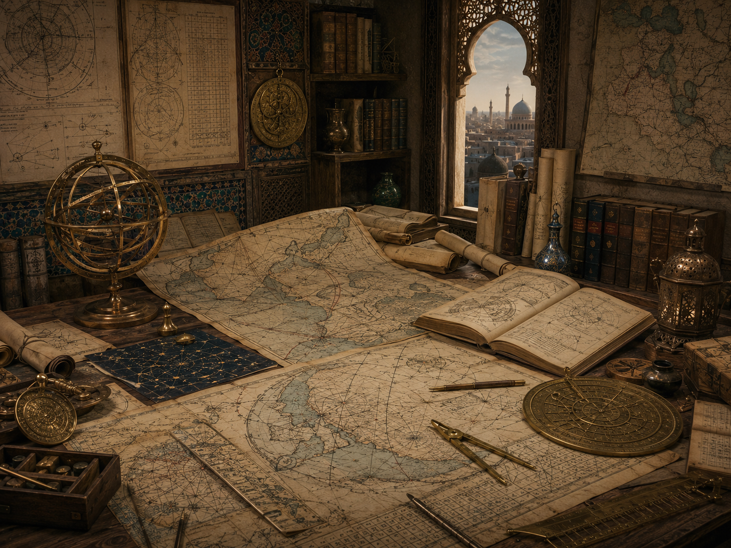 A restrained scholarly illustration of a medieval Islamic study with detailed maps, coordinate grids, celestial charts, astrolabe-like instruments, manuscripts, books, compasses, and patterned architecture representing geography and computational mapping.