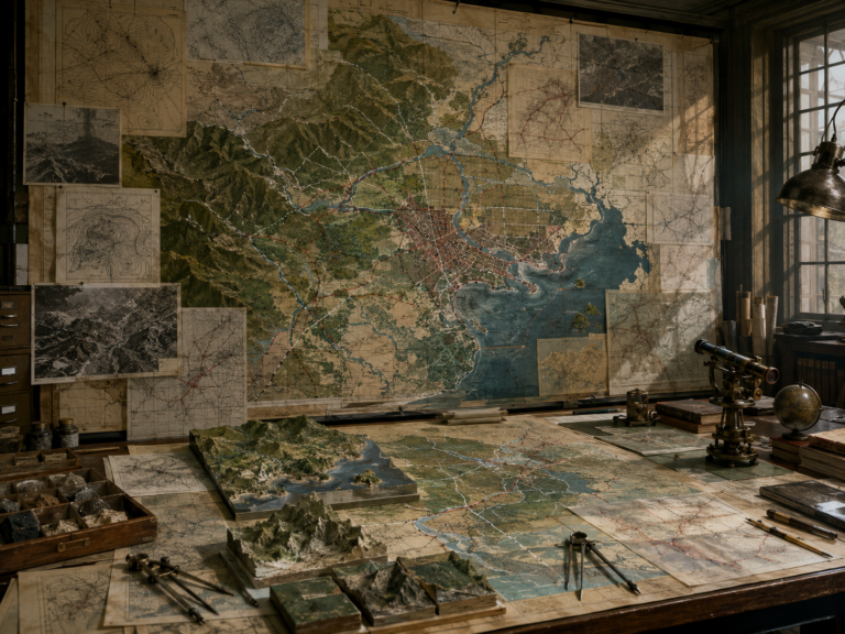 Institutional cartography studio with a large wall map, terrain models, regional planning maps, waterways, mountains, cities, transport routes, survey tools, and archival research materials.
