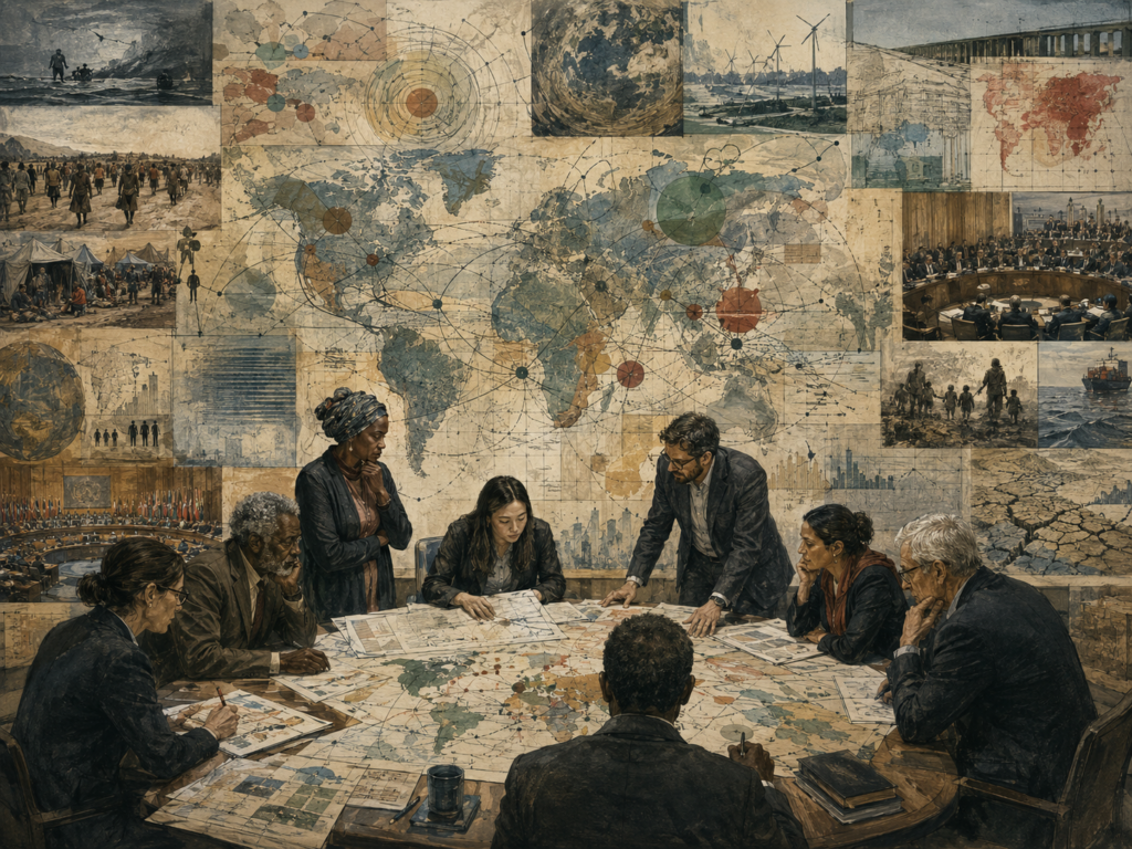 A diverse policy group examines global governance futures across world maps, institutions, climate risk, migration, trade, conflict, and shared public systems.