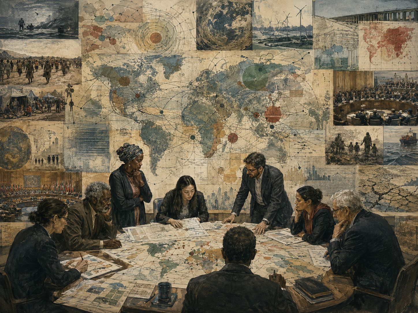 A diverse policy group examines global governance futures across world maps, institutions, climate risk, migration, trade, conflict, and shared public systems.