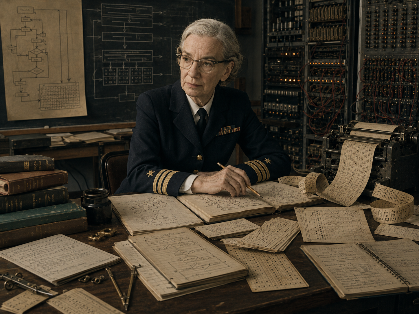 A restrained scholarly illustration of Grace Hopper in a mid-century computing lab with compiler diagrams, punched tape, flowcharts, notebooks, archival papers, computing machinery, and programming records representing compilers and the humanization of programming.
