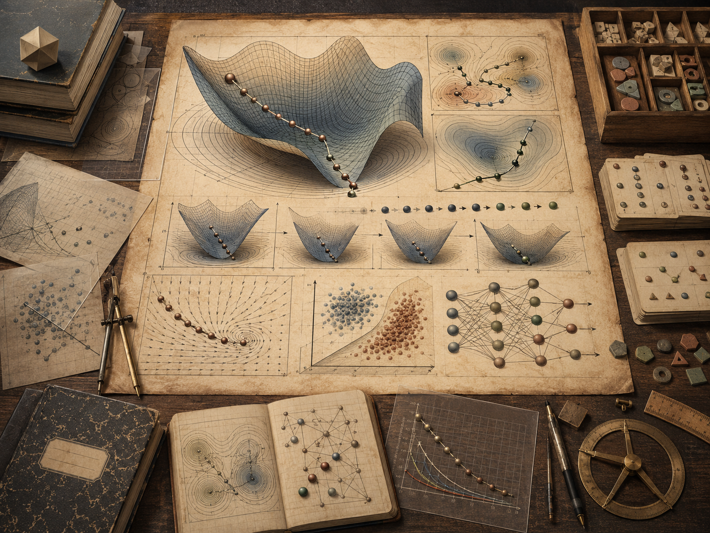 Scholarly editorial illustration of gradient descent and optimization in machine learning, showing loss landscapes, descending parameter paths, gradients, learning-rate traces, model-training records, validation curves, data sheets, audit logs, and governance review materials.