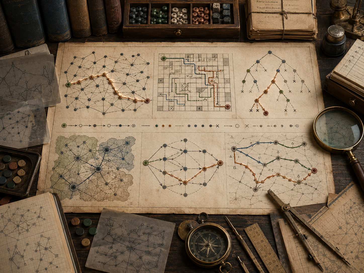 Scholarly editorial illustration of graph search, pathfinding, and routing, showing nodes, edges, weighted paths, frontier queues, explored regions, shortest-path traces, routing tables, network maps, constraint boundaries, audit records, and governance review materials.