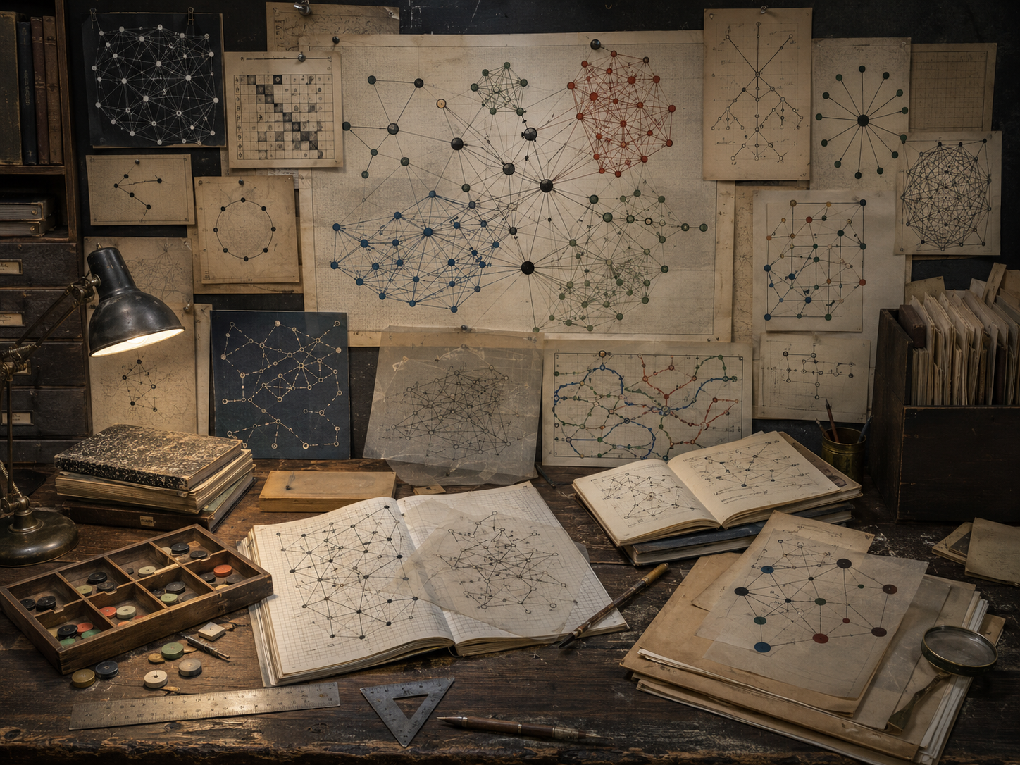 A restrained scholarly illustration of a vintage research workspace covered with graph diagrams, clustered networks, node-link maps, notebooks, archival papers, rulers, and analytical tools representing computational relationships.